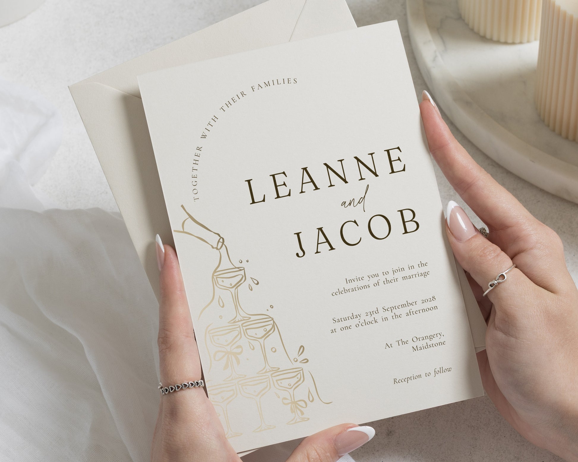 Gold Foil Wedding Invitations, Champagne Tower Wedding Invite, Elegant Ivory Wedding Invitation, Personalised Celebration Invites