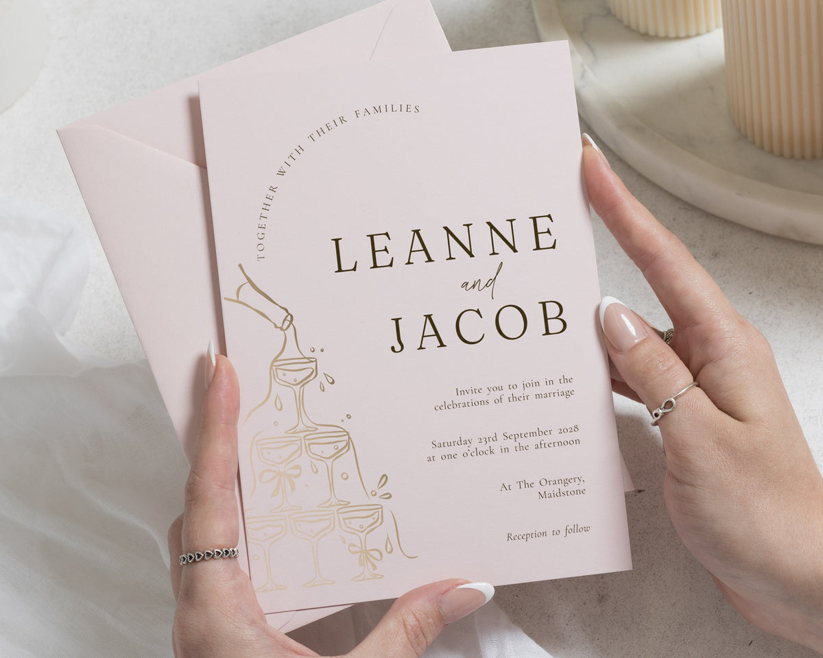 Gold Foil Wedding Invitations, Champagne Tower Wedding Invite, Blush Pink Elegant Typography Wedding Invitation
