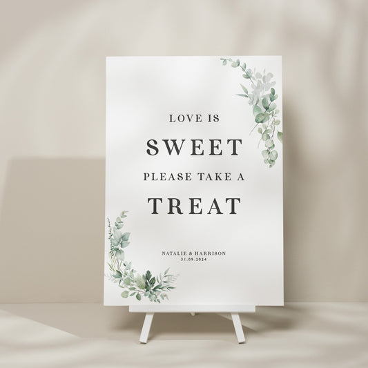 Botanical Sweet Station Wedding Sign, Wedding Sweet Table Sign, Take A Treat Wedding Sign, Minimalist Foliage Wedding Theme Sign &#39;Natalie&#39;