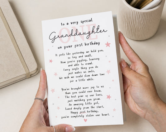 Granddaughter 1st Birthday Card, First Birthday Card for Granddaughter, One Year Old Girl Birthday Card, Poem Birthday Card for Girl