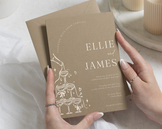 Champagne Tower Wedding Invitations, Taupe Wedding Invites, Elegant Party Wedding Stationery, Personalised Invitation Suite