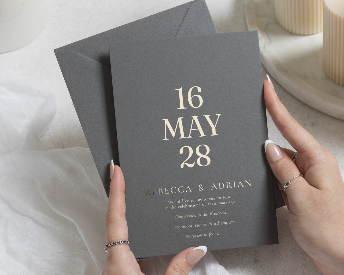 Gold Foil Wedding Invitations, Charcoal Grey Minimalist Wedding Invites, Modern Typography Invitation, Luxury Wedding Stationery