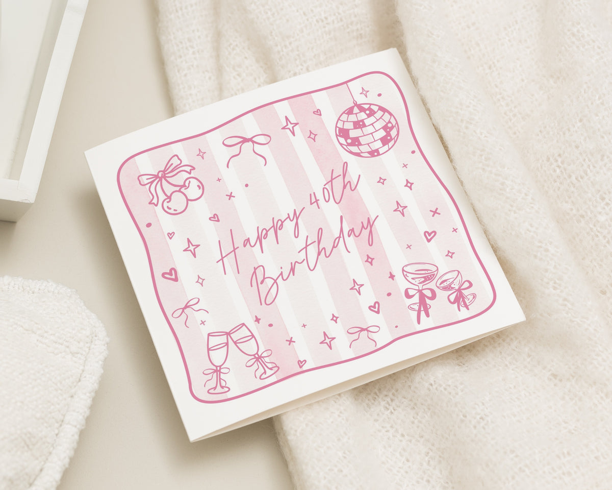 40th Birthday Card for Her, Happy 40th Birthday Card, Birthday Card for Friend, 40th Card for Daughter, Cute Pink Birthday Card