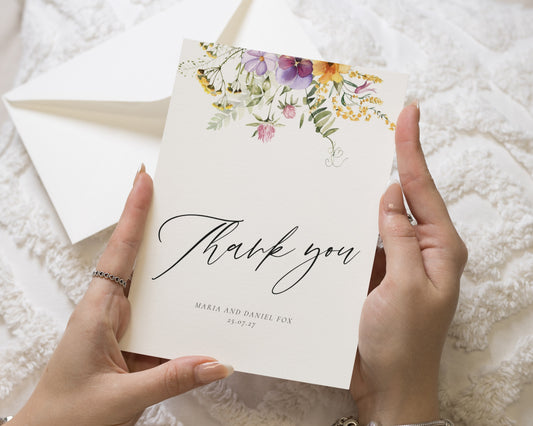 Personalised Wedding Thank You Cards, Floral Wedding Thank You Card, Wildflower Thank You Cards, Folded Thank You Cards, Wedding Thanks Card