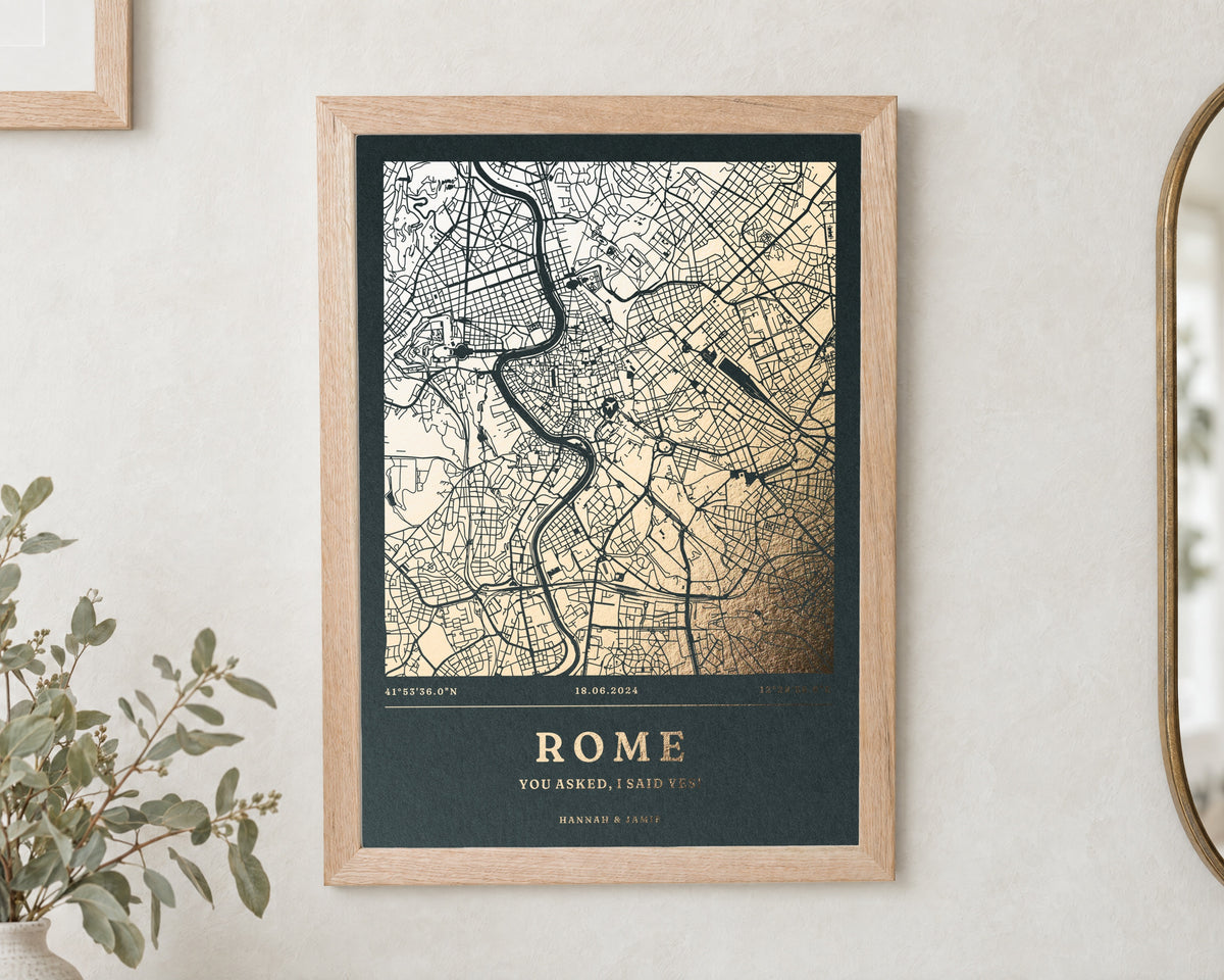 Personalised Gold Foil Map Print, Custom Location Map, Dark Green Wall Art, Engagement Gift, Proposal Gift for Couple