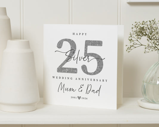 Silver Wedding Anniversary Card, 25th Anniversary Card for Mum and Dad, Personalised Anniversary Card, Silver Anniversary Card