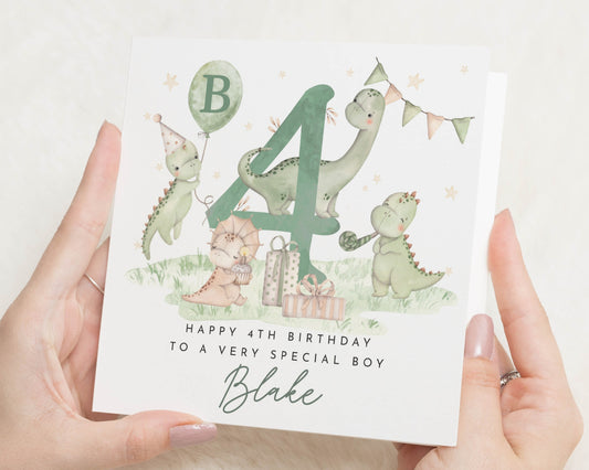 4th Birthday Card for Boy, Dinosaur Birthday Card, Personalised Kids Card, Cute Birthday Card for Son, Grandson Birthday Card