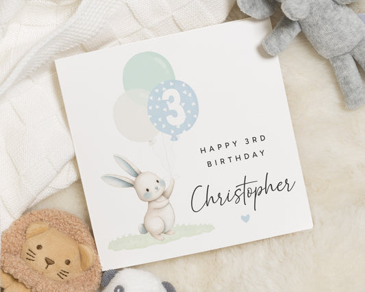 3rd Birthday Card, Personalised Bunny Birthday Card, Birthday Card for Boy, Birthday Card for Girl, Cute Animal Birthday Card