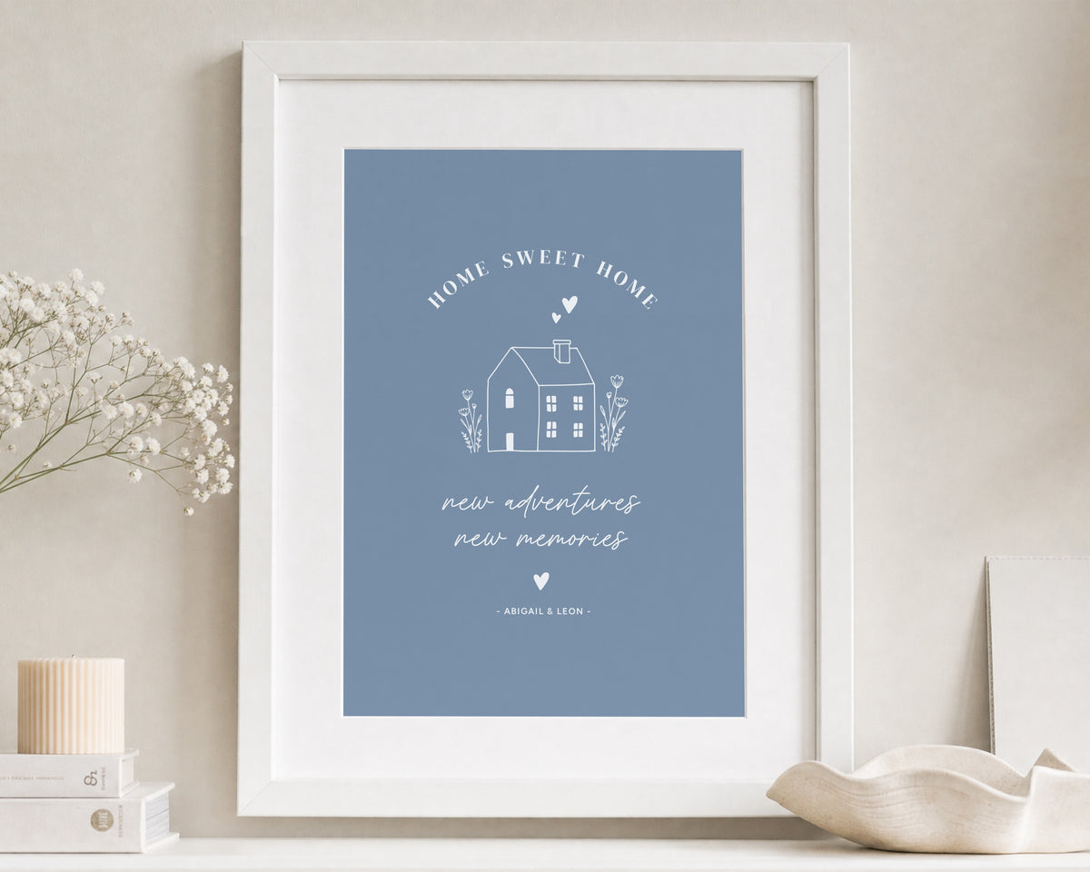 Personalised New Home Print, Blue Wall Art, Home Sweet Home Gift, House Warming Gift, First Home Print, White Framed Print