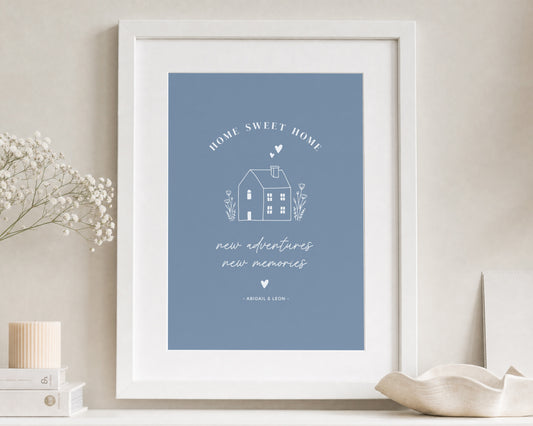 Personalised New Home Print, Blue Wall Art, Home Sweet Home Gift, House Warming Gift, First Home Print, White Framed Print