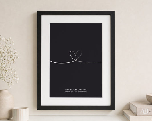 Personalised Silver Foil Couple Print, Black Wall Art, Wedding Gift, Anniversary Gift, Heart Line Art, Bedroom Wall Art