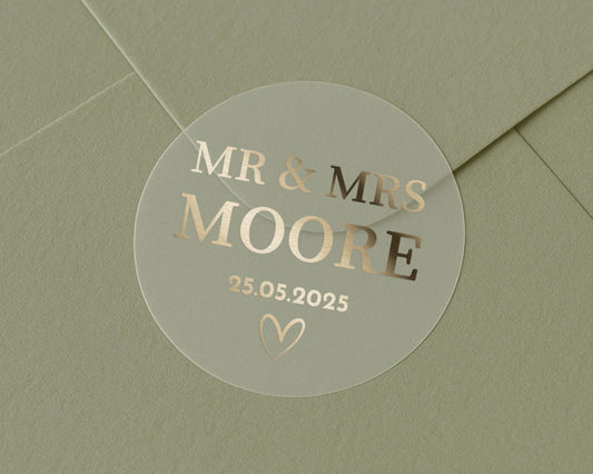 Personalised Wedding Envelope Seal, Mr And Mrs Wedding Sticker, Custom Name Wedding Label, Gold Foil Wedding Sticker