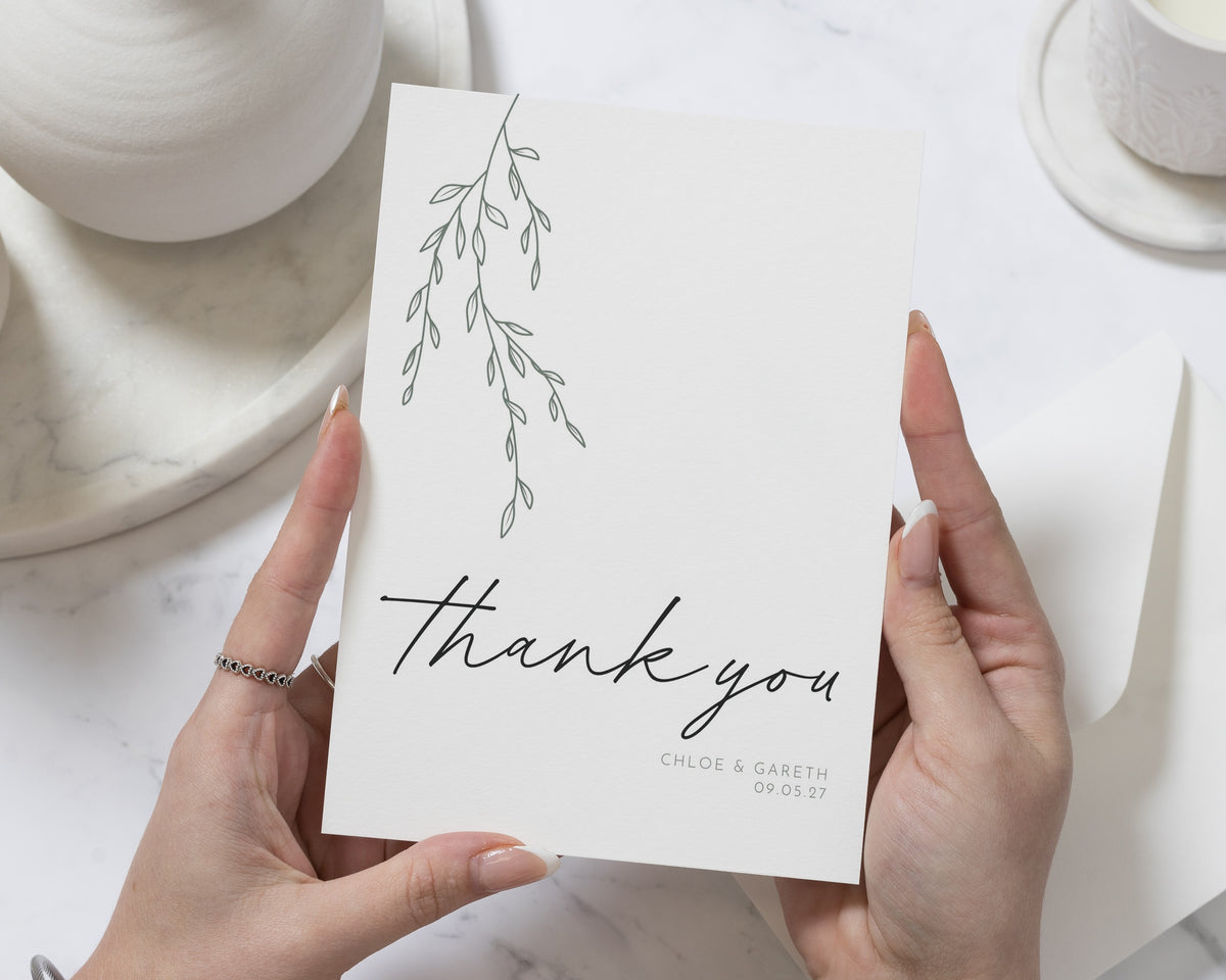 Personalised Wedding Thank You Cards, Minimal Greenery Thank You Cards, Wedding Thank You Card, Simple Thank You Cards, A6 5x7 Flat Folded