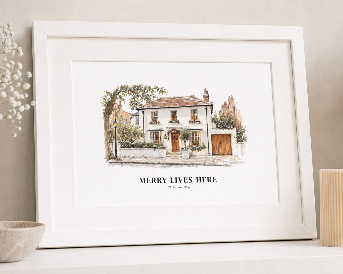 Personalised Christmas House Print, Home Illustration Wall Art, New Home Gift, Housewarming Gift, Family Wall Art, White Framed Print