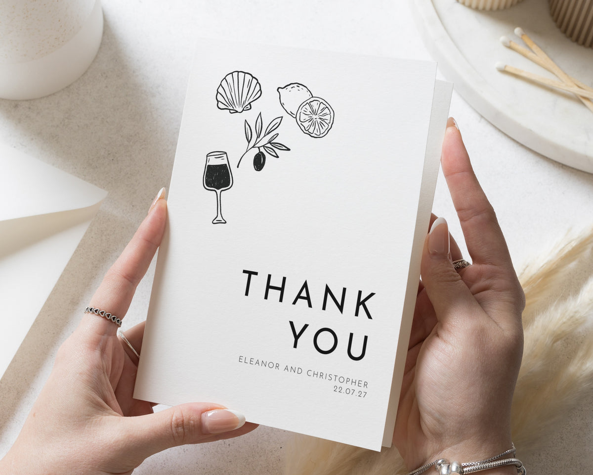 Personalised Wedding Thank You Cards, Folded Wedding Thank You Cards, Personalised Thank You Cards, Minimal Mediterranean Thank You Card
