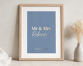 Personalised Gold Foil Mr and Mrs Print, Dusty Blue Wall Art, Wedding Gift for Couple, Anniversary Gift, Oak Framed Print