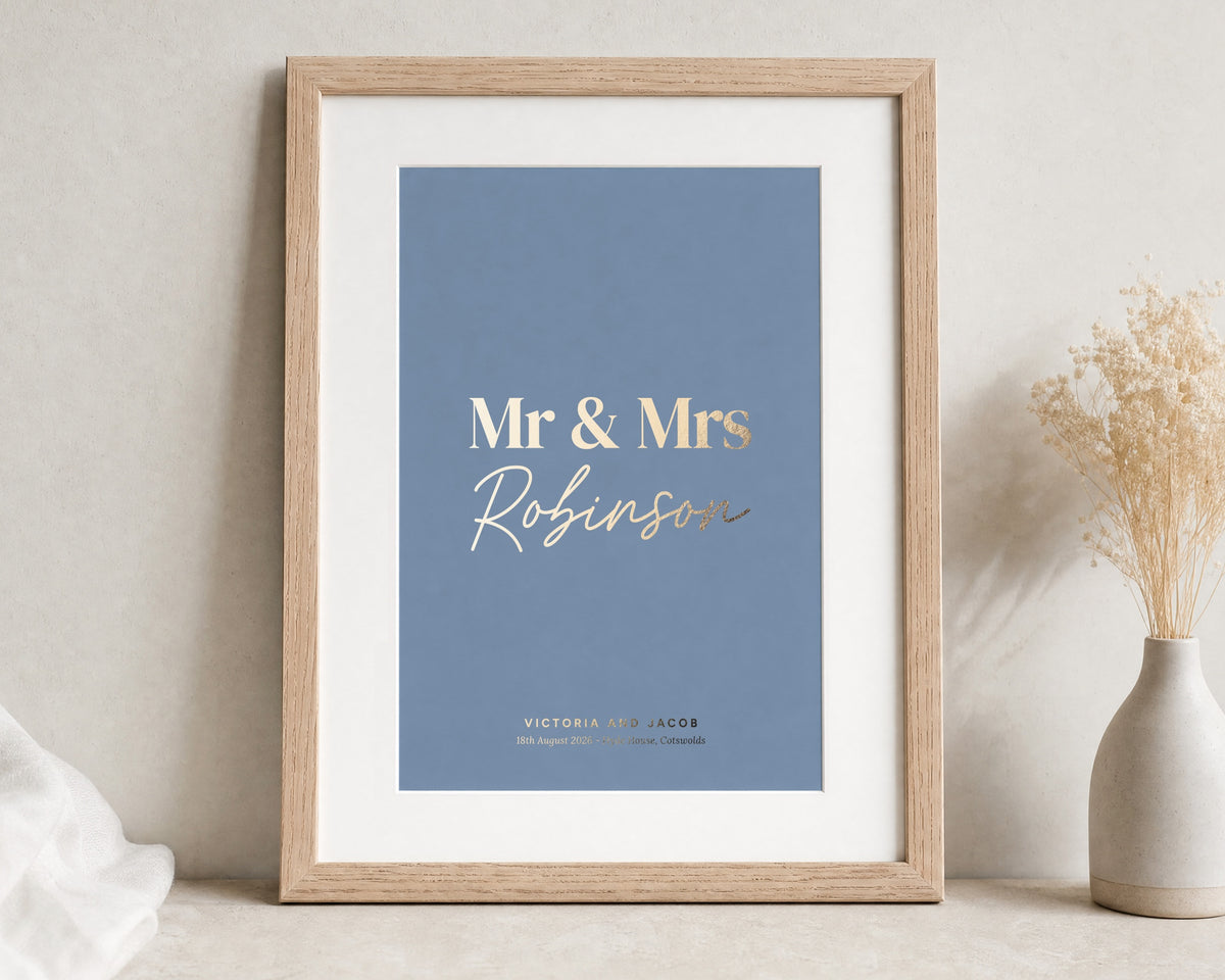 Personalised Gold Foil Mr and Mrs Print, Dusty Blue Wall Art, Wedding Gift for Couple, Anniversary Gift, Oak Framed Print