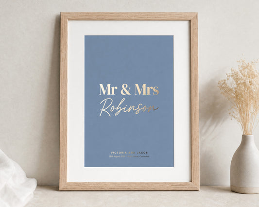Personalised Gold Foil Mr and Mrs Print, Dusty Blue Wall Art, Wedding Gift for Couple, Anniversary Gift, Oak Framed Print
