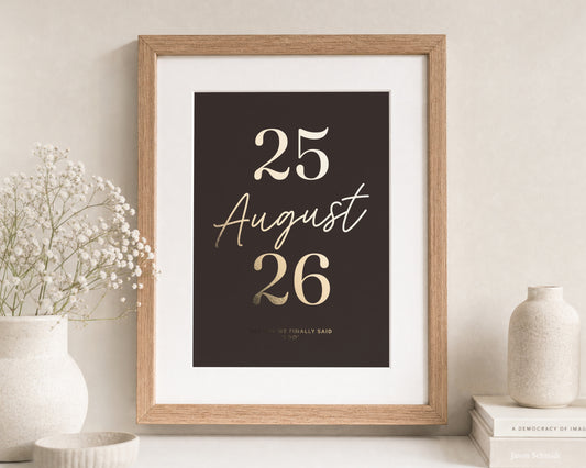 Personalised Gold Foil Wedding Date Print, Chocolate Brown Wall Art, Anniversary Gift, Gift for Couple, Portrait Print