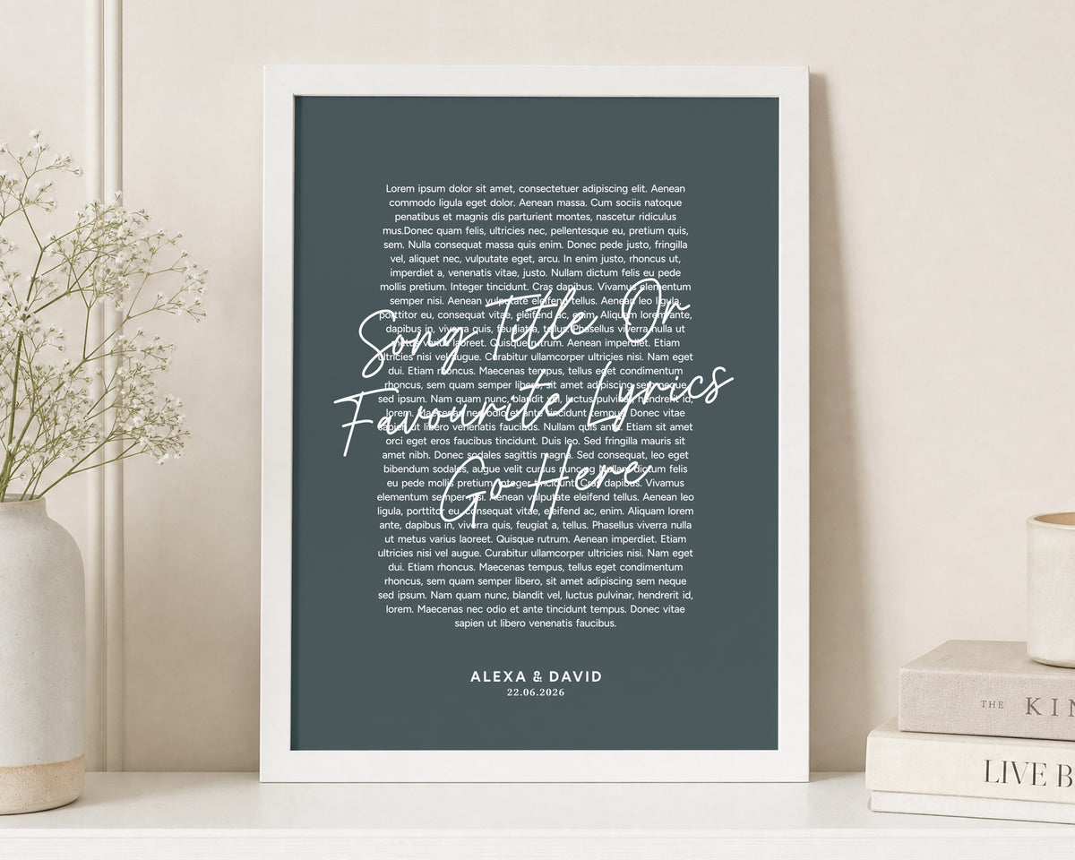 Personalised Wedding Vows Print, Blue Green Wall Art, Custom Couple Text Print, Anniversary Gift, Wedding Gift, White Framed Print