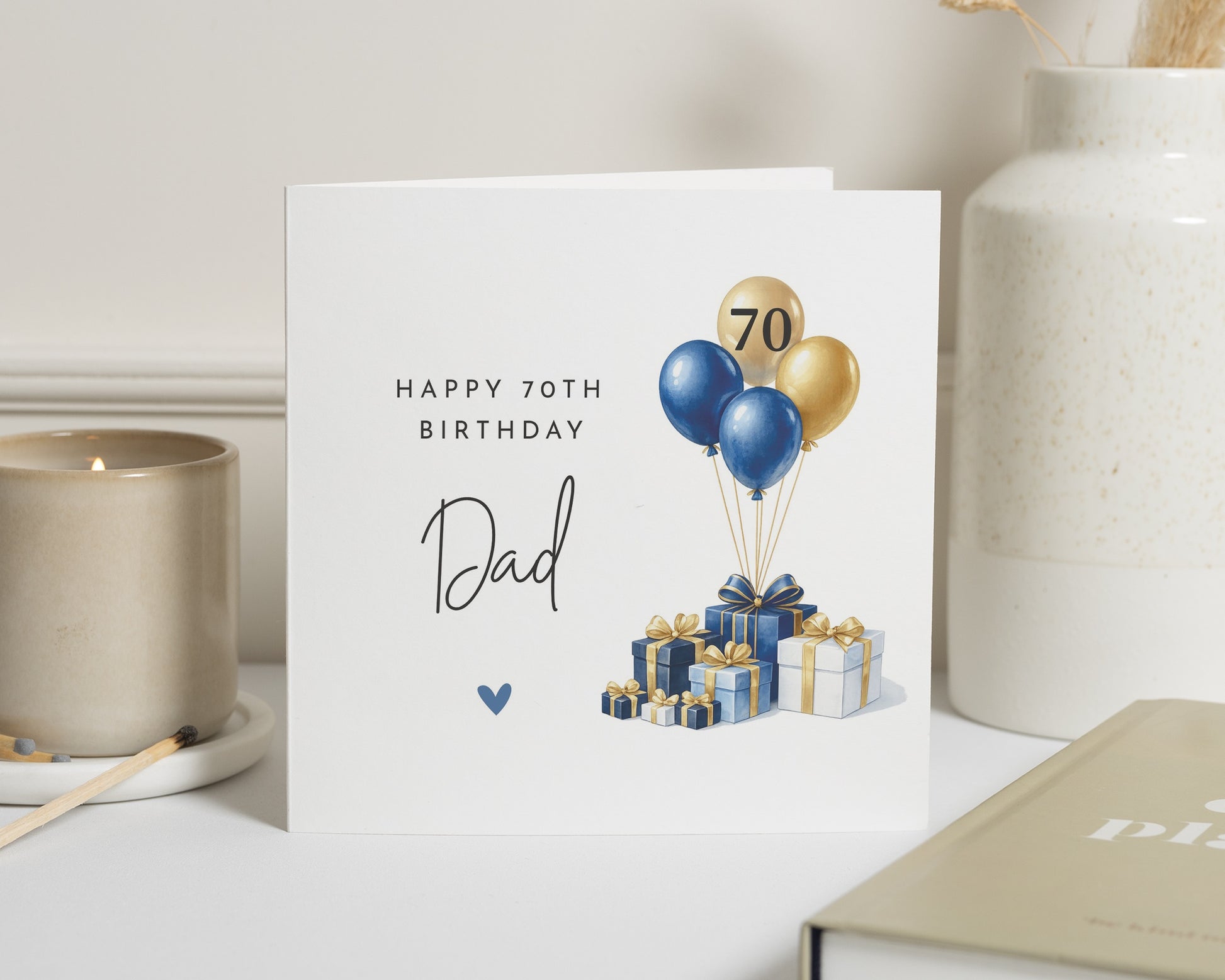 70th Birthday Card for Dad, Dad Birthday Card, 70th Birthday Card for Him, Blue Gold Balloons Card, Personalised Dad Birthday Card
