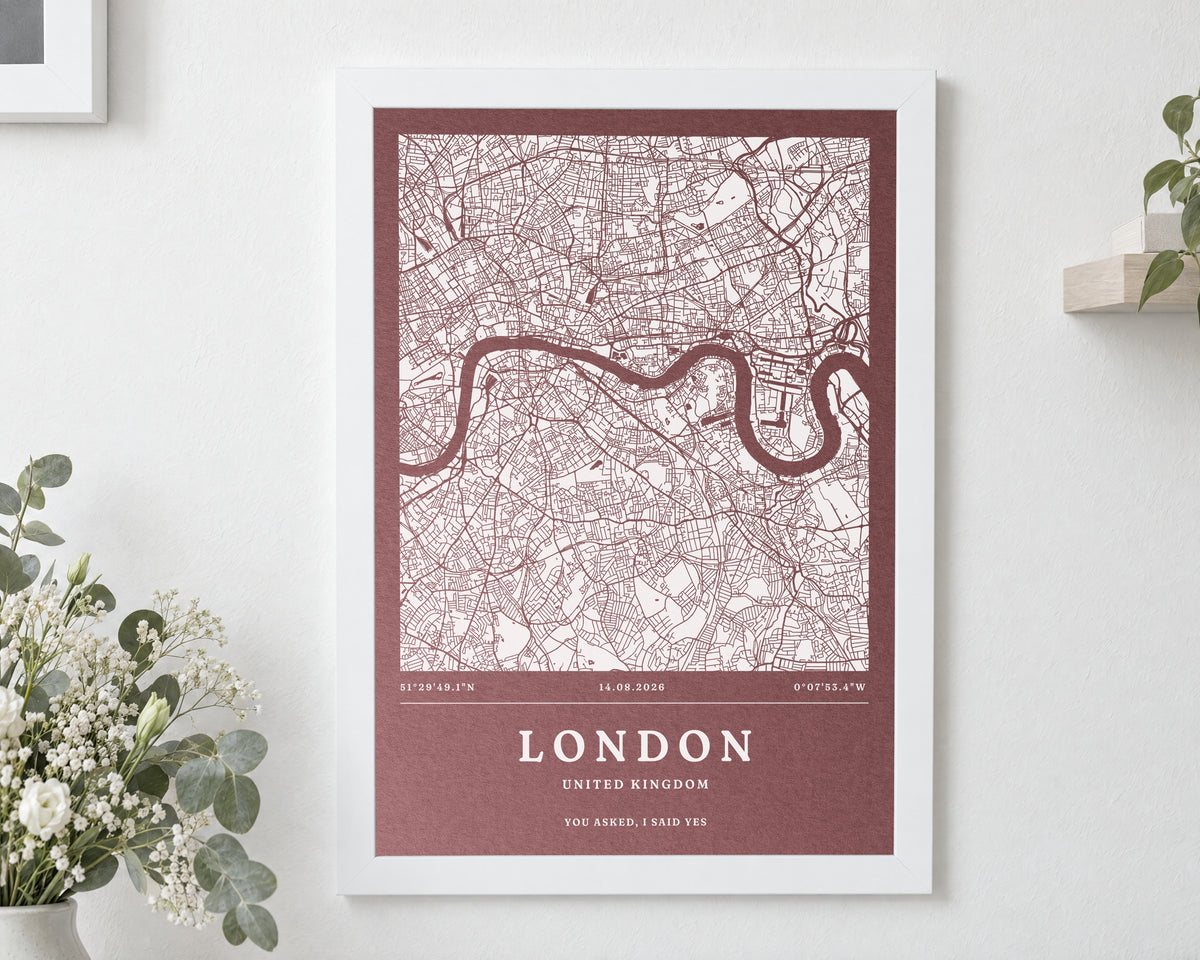 Personalised Map Print, Custom Location Map, Pink Wall Art, Engagement Gift for Couple, Proposal Keepsake, White Framed Print