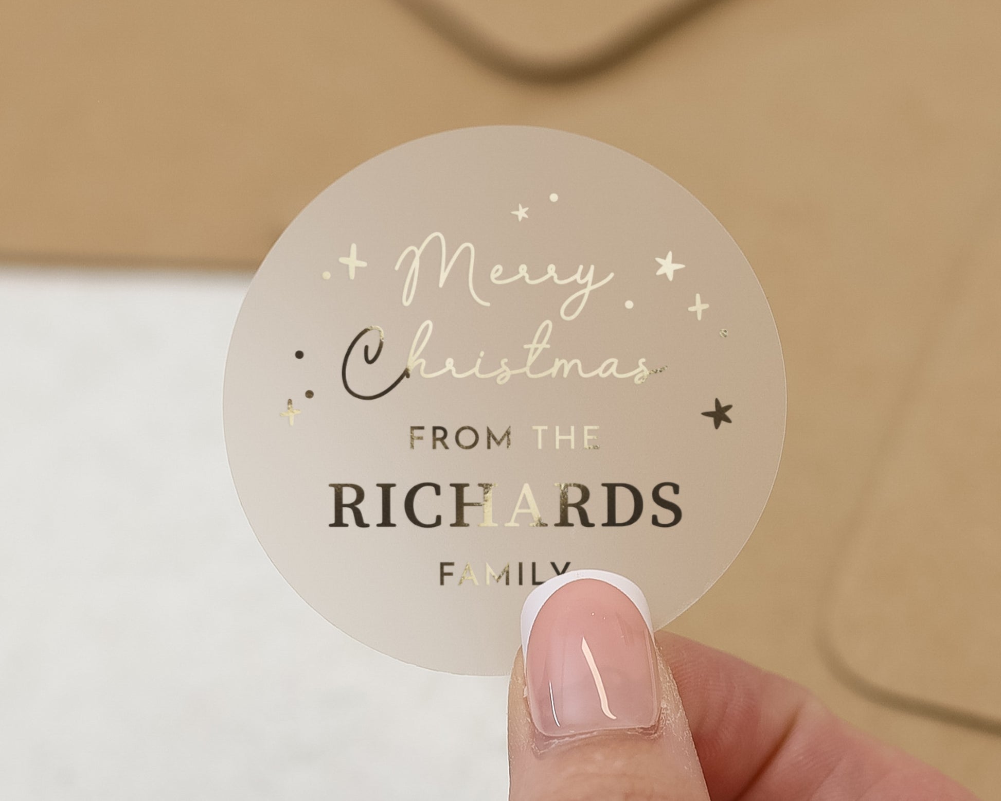 Merry Christmas Sticker, Personalised Christmas Sticker, Family Christmas Label, Custom Christmas Gift Sticker, Gold Foil Sticker