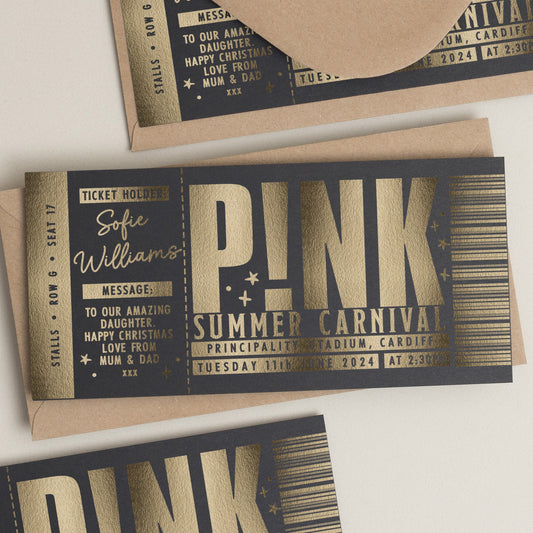 Personalised Gold Foil Gift Voucher, P!NK Summer Carnival Gig Ticket Gift Voucher, Concert Ticket Gift, Scratch To Reveal, Gig Ticket