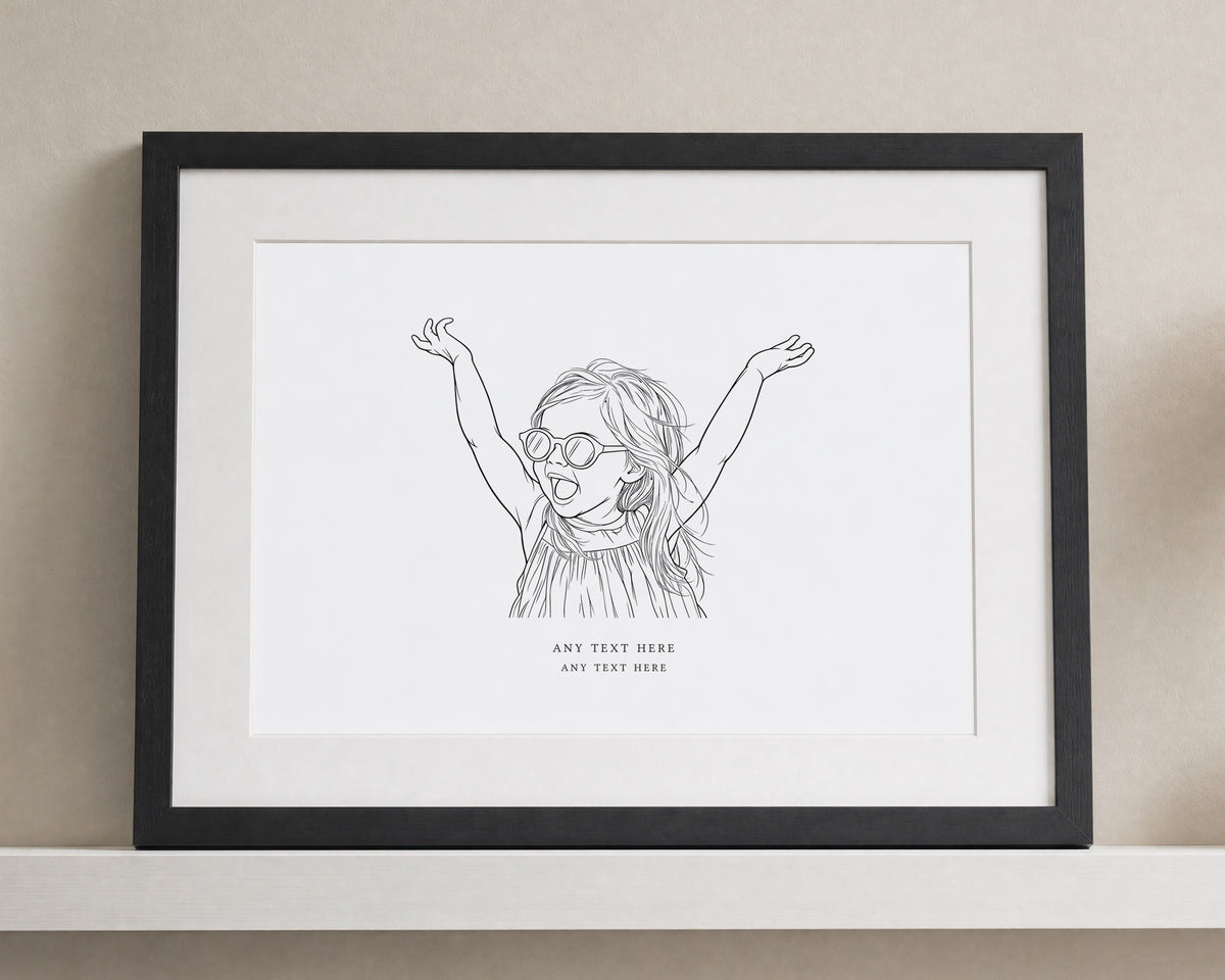 Personalised Child Line Art Print, Custom Children's Portrait Print, Family Gift, Nursery Wall Art, Landscape Black Framed Print