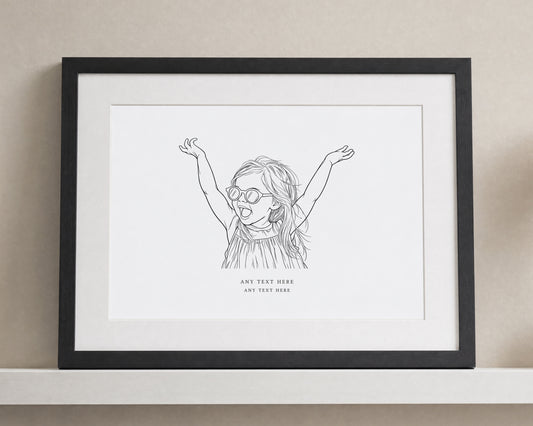 Personalised Child Line Art Print, Custom Children's Portrait Print, Family Gift, Nursery Wall Art, Landscape Black Framed Print
