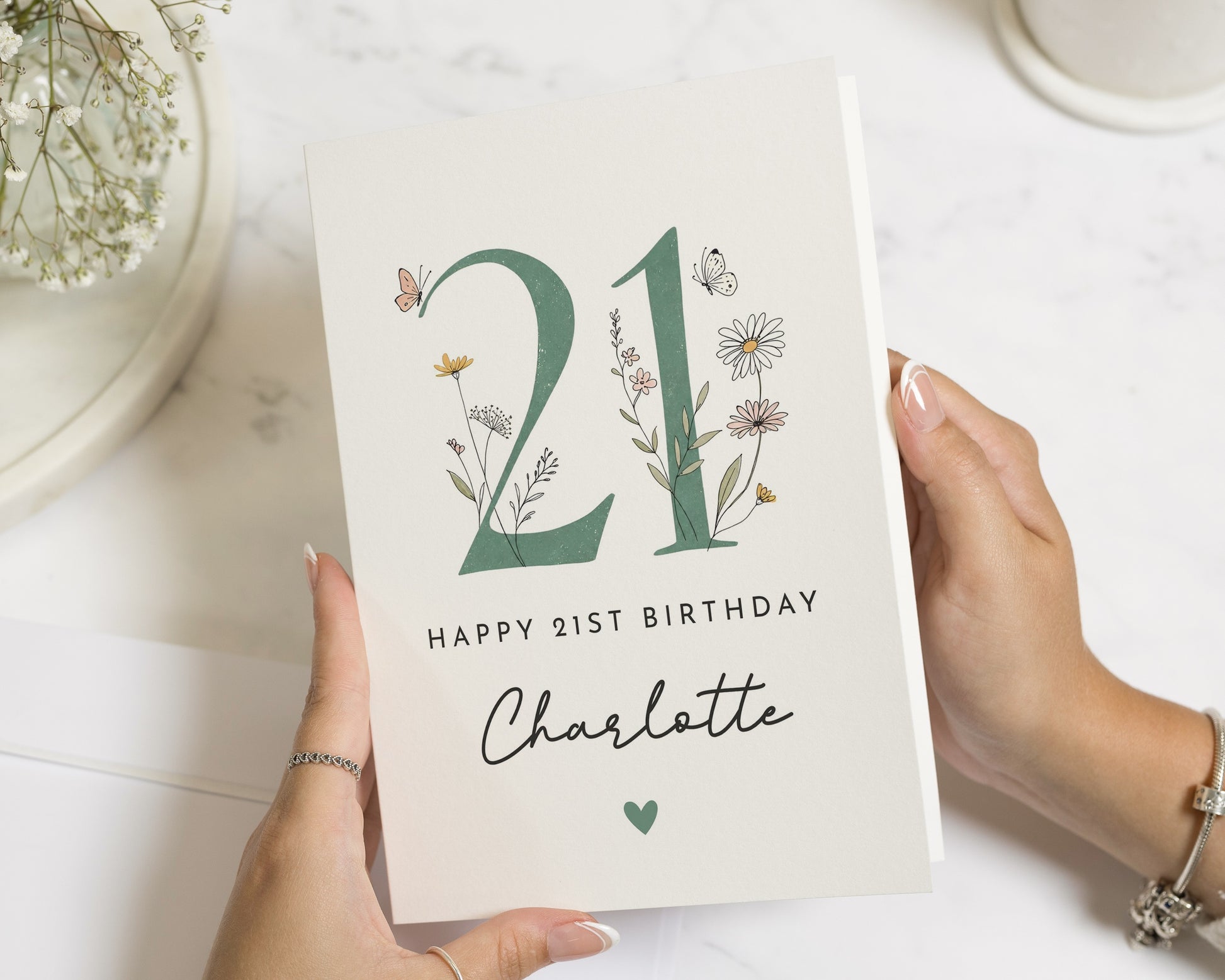 21st Birthday Card, Personalised 21st Birthday Card, Birthday Cards for Her, Daughter Birthday Card, Friend Card, Floral Birthday Card