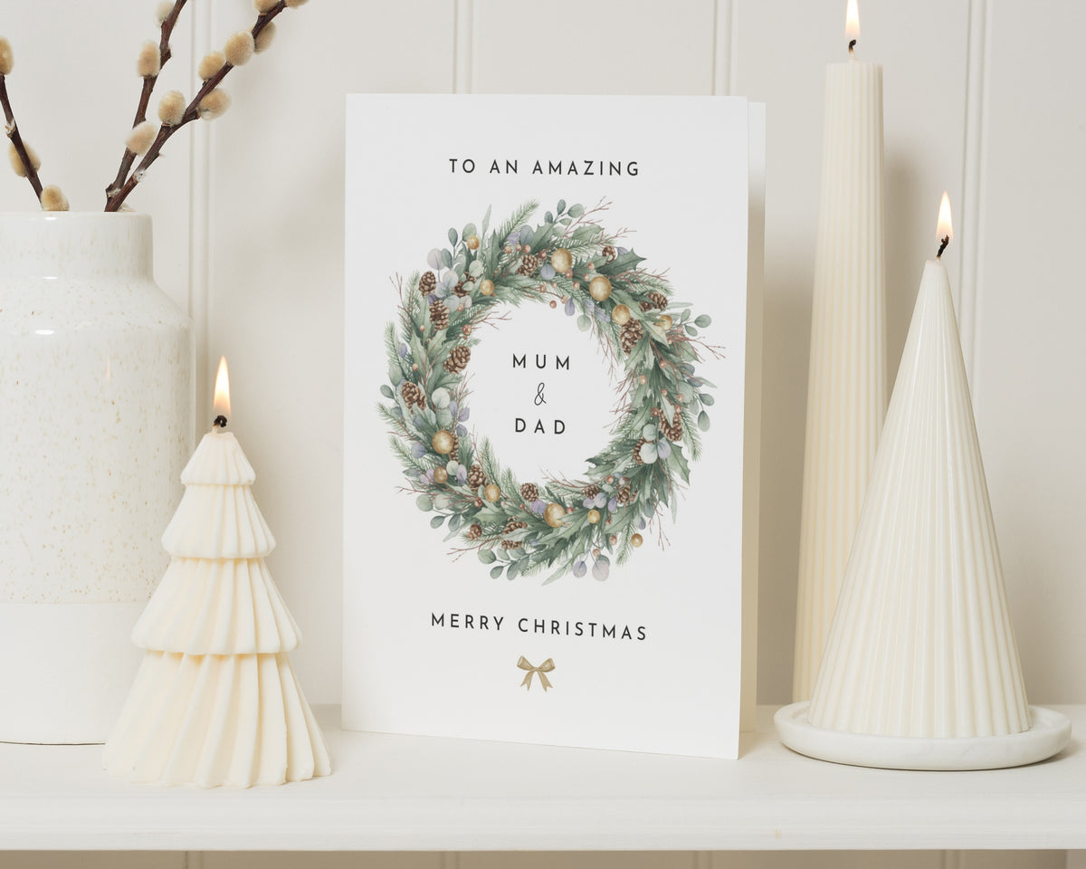 Christmas Card for Mum and Dad, Mum and Dad Christmas Card, Merry Christmas Card, Parents Christmas Card, Wreath Christmas Card
