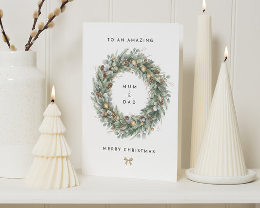 Christmas Card for Mum and Dad, Mum and Dad Christmas Card, Merry Christmas Card, Parents Christmas Card, Wreath Christmas Card