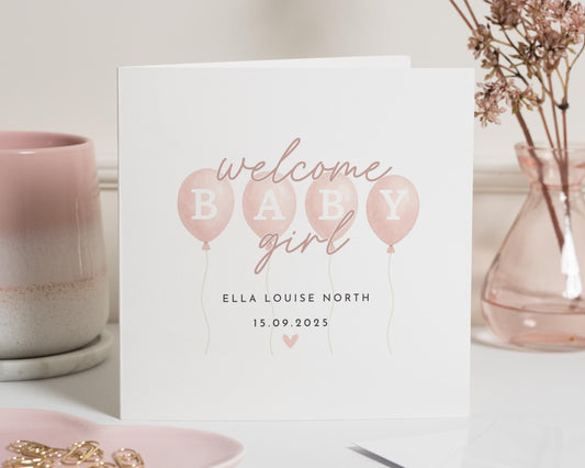 Welcome Baby Girl Card, Personalised New Baby Card, Baby Girl Balloon Card, Custom Baby Card, New Baby Girl Card, Baby Arrival Card