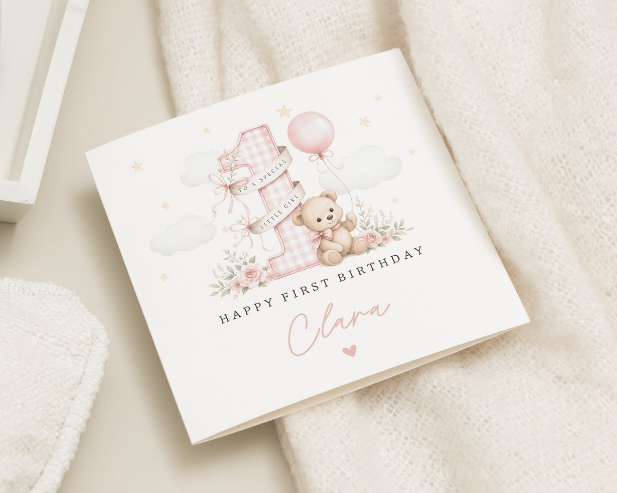 Personalised 1st Birthday Card for Girl, First Birthday Card, Baby Girl Birthday Card, Cute Teddy Bear Card, Pink Floral Birthday Card