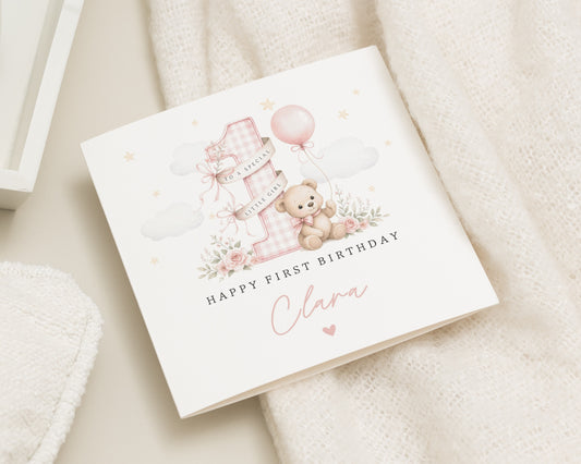 Personalised 1st Birthday Card for Girl, First Birthday Card, Baby Girl Birthday Card, Cute Teddy Bear Card, Pink Floral Birthday Card