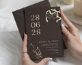 Gold Foil Wedding Invitations, Chocolate Brown Wedding Invite, Elegant Typography, Candle and Bow Invitation