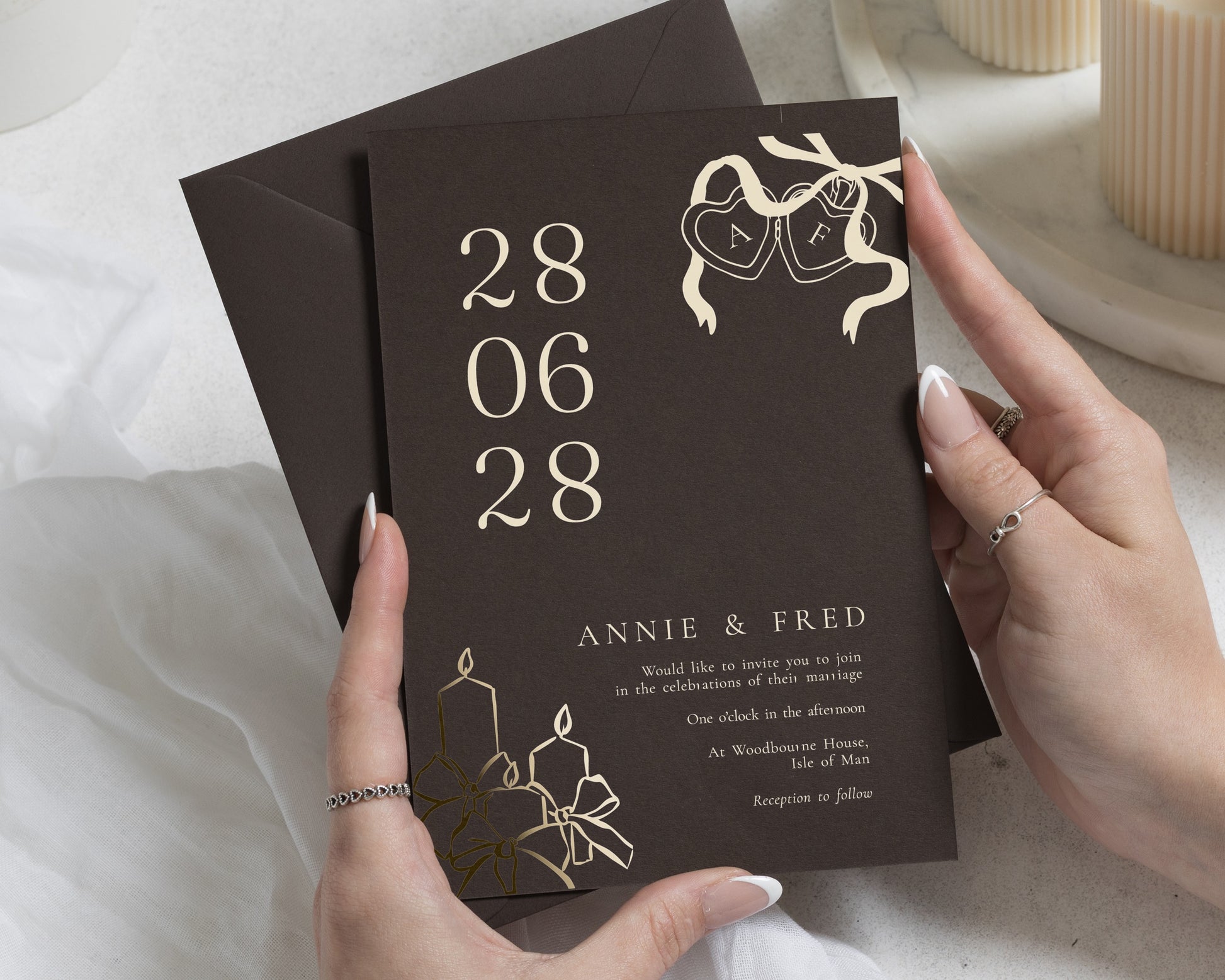 Gold Foil Wedding Invitations, Chocolate Brown Wedding Invite, Elegant Typography, Candle and Bow Invitation
