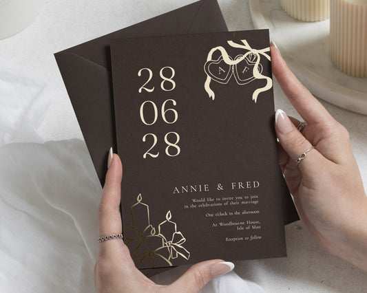 Gold Foil Wedding Invitations, Chocolate Brown Wedding Invite, Elegant Typography, Candle and Bow Invitation