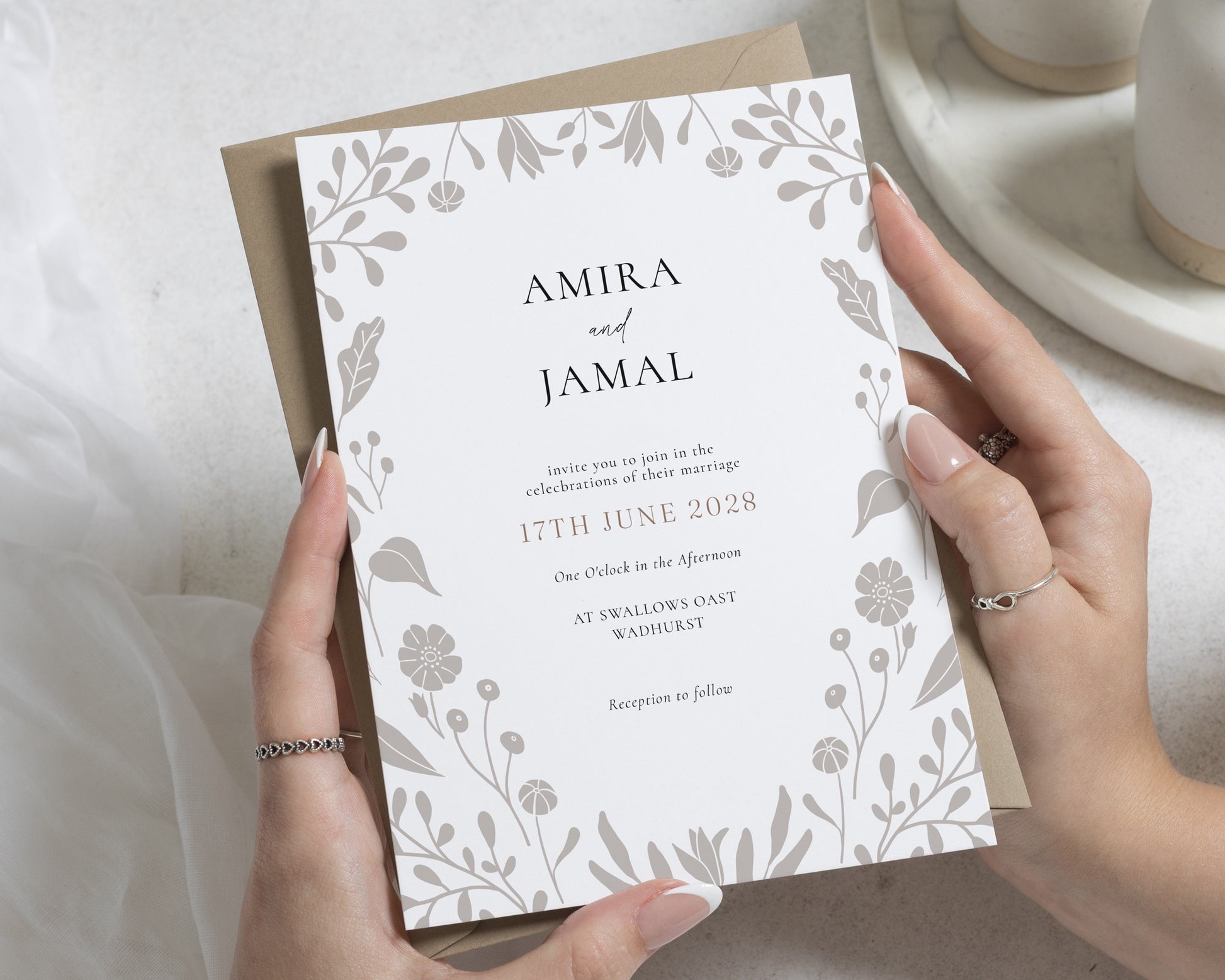 Grey Botanical Wedding Invitations, Floral Wedding Invites, Elegant Garden Stationery, Kraft Envelope, Personalised Invitation Suite
