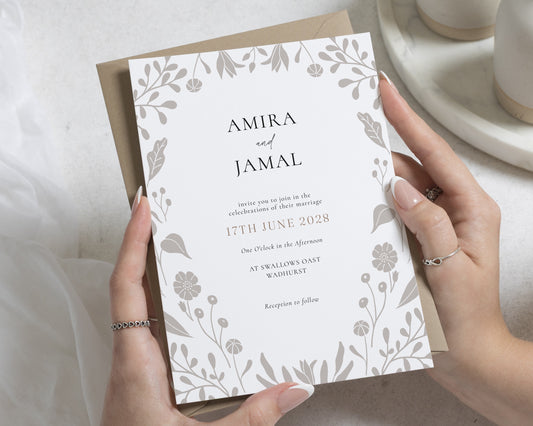 Grey Botanical Wedding Invitations, Floral Wedding Invites, Elegant Garden Stationery, Kraft Envelope, Personalised Invitation Suite