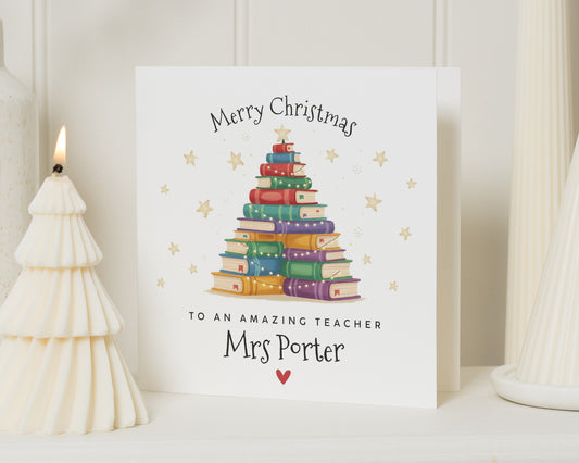 Christmas Card for Teacher, Personalised Teacher Christmas Card, Merry Christmas Card for Teacher, Book Christmas Card
