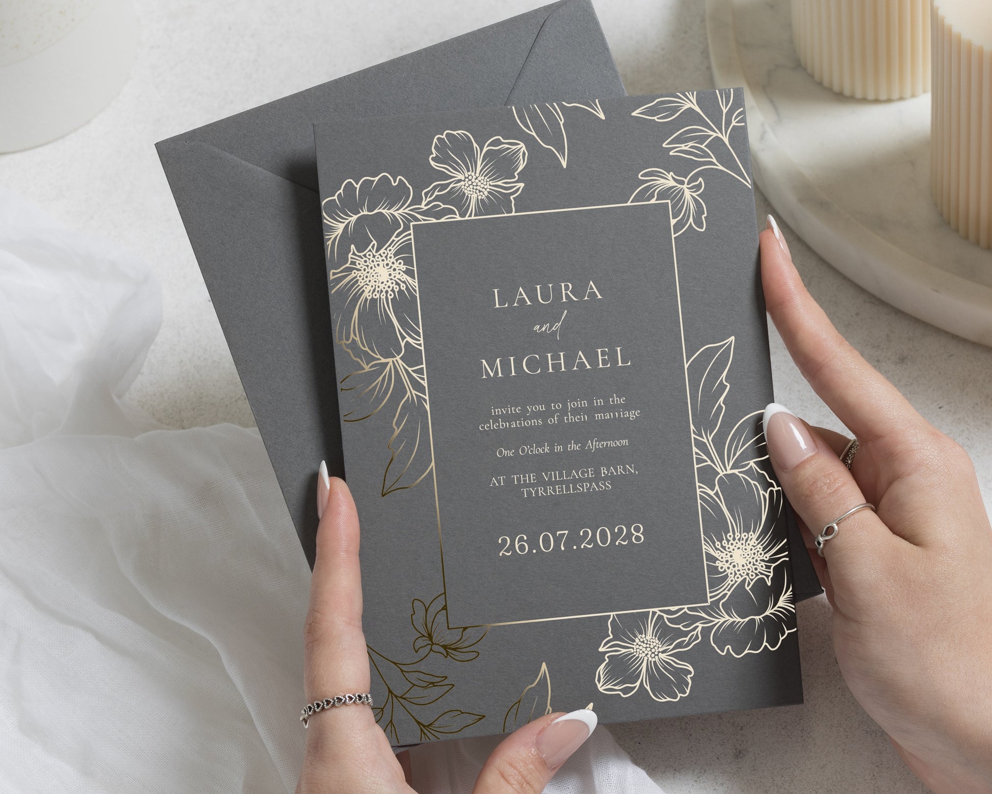 Gold Foil Botanical Wedding Invitations, Charcoal Grey Floral Wedding Invite, Elegant Garden Wedding Stationery