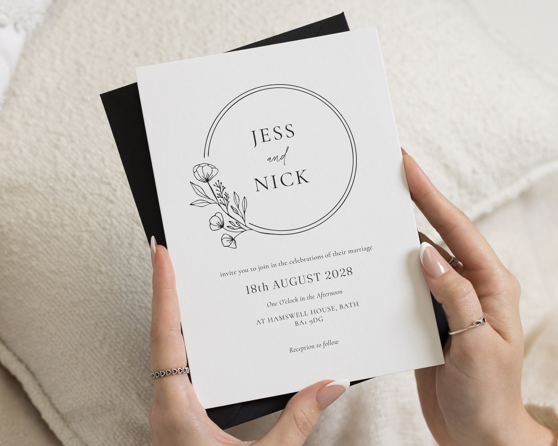 Black and White Wedding Invitations, Minimal Floral Wedding Invite, Elegant Botanical Invitation Suite, Personalised Wedding Stationery