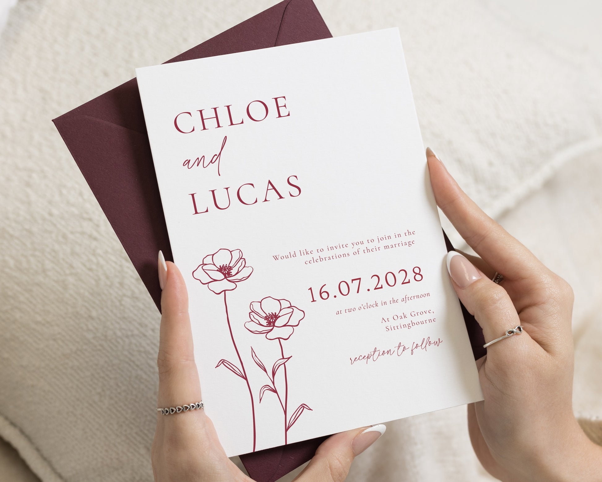 Burgundy Floral Wedding Invitations, Elegant Botanical Wedding Invites, Minimal Calligraphy Wedding Invite, Personalised Invitation Suite