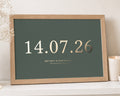 Personalised Gold Foil Wedding Date Print, Olive Green Wall Art, Gift for Couple, Anniversary Gift, Landscape Framed Print