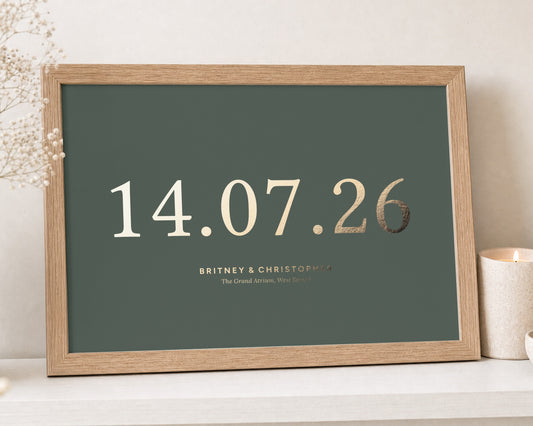 Personalised Gold Foil Wedding Date Print, Olive Green Wall Art, Gift for Couple, Anniversary Gift, Landscape Framed Print