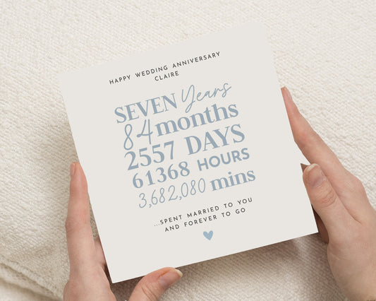 Anniversary Card for Wife, Husband, Personalised Wedding Anniversary Card, Seven Years Card, Romantic Anniversary Card