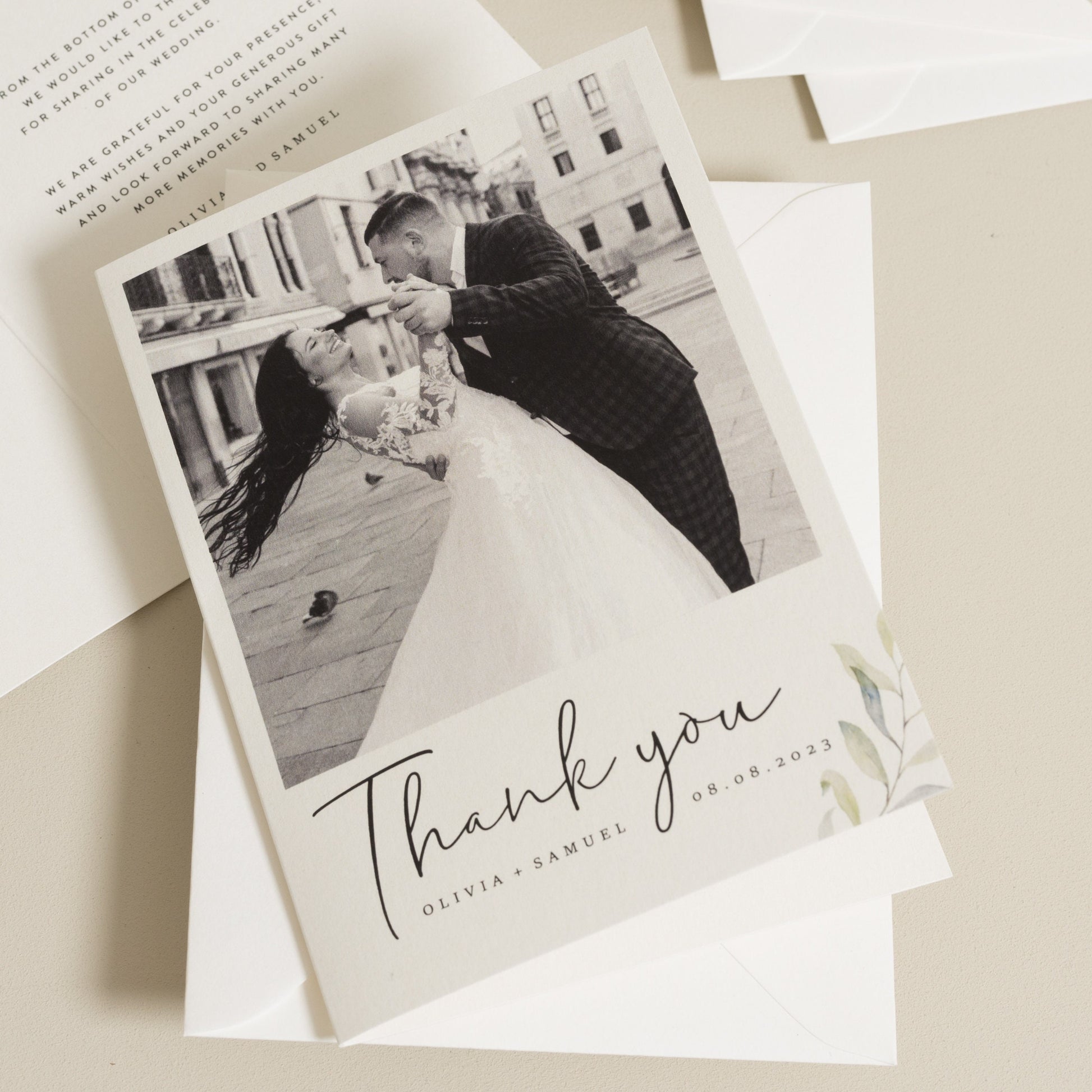 Wedding Thank You Cards With Large Photo, Botanical Wedding Thank Cards, Simple Thank You Cards With Envelopes, Thank You Cards With Photo