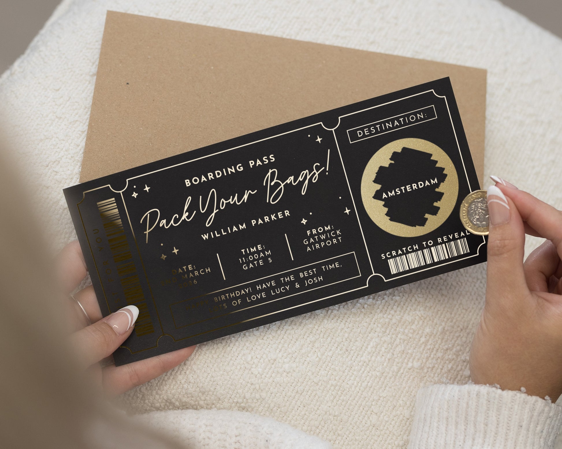 Personalised Pack Your Bags Gift Voucher, Scratch To Reveal Holiday, Gold Foil Boarding Pass, Custom Travel Surprise